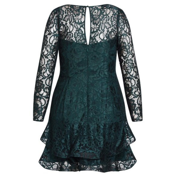 NWT City Chic Dark Emerald Stretch Lace Long Sleeve Ruffle Mini Dress 20 - Picture 6 of 10